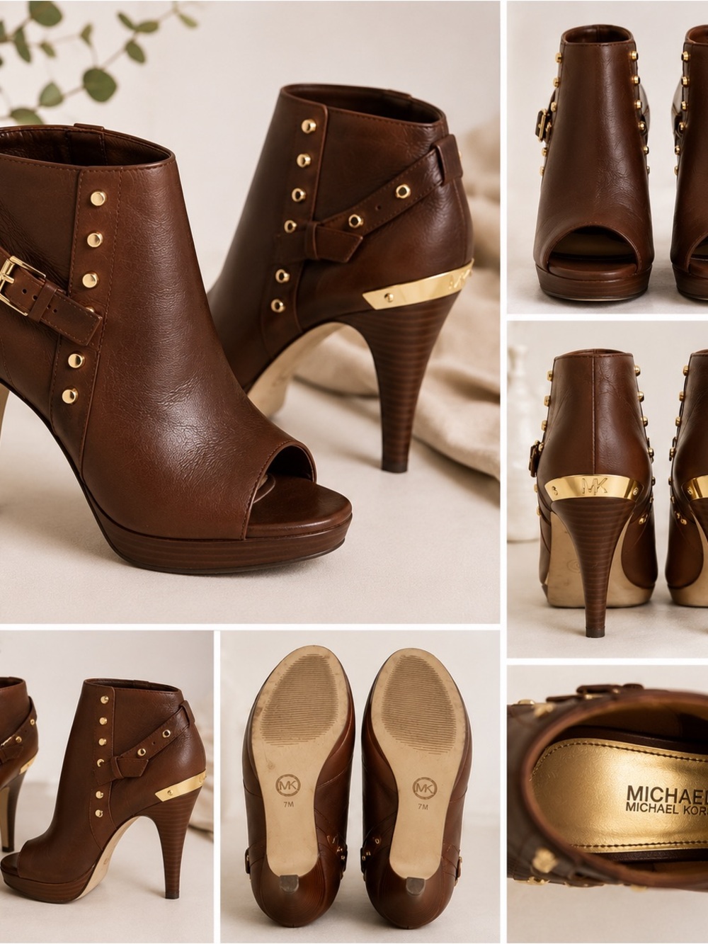 Michael Kors Brown Peep-Toe Stacked Heel Booties with Gold Accents
